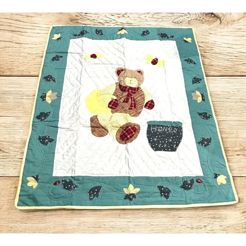 Vtg Appliqué Baby Quilt Blanket Honey Bear Flowers 40x48 Size Crib Blanket